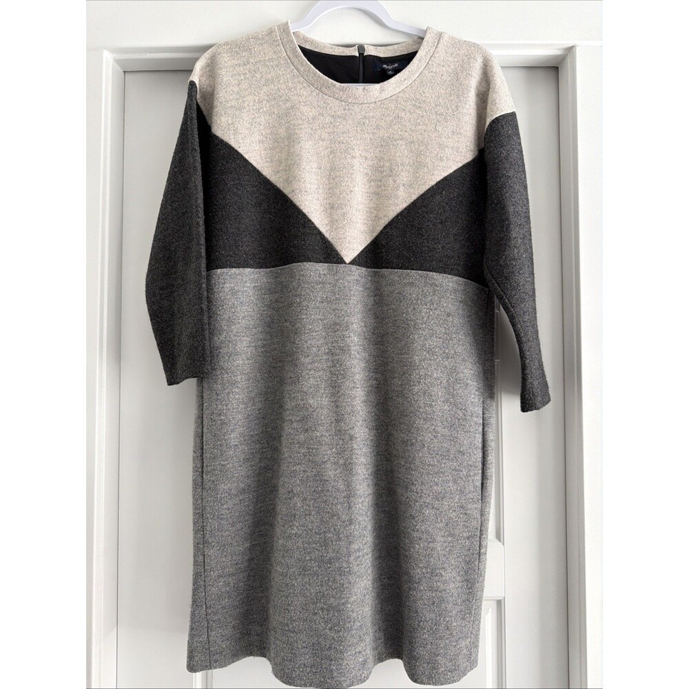 Madewell Short SZ S Wool Shift Dress Colorblock Gray Black Business Casual Zip - Picture 2 of 7